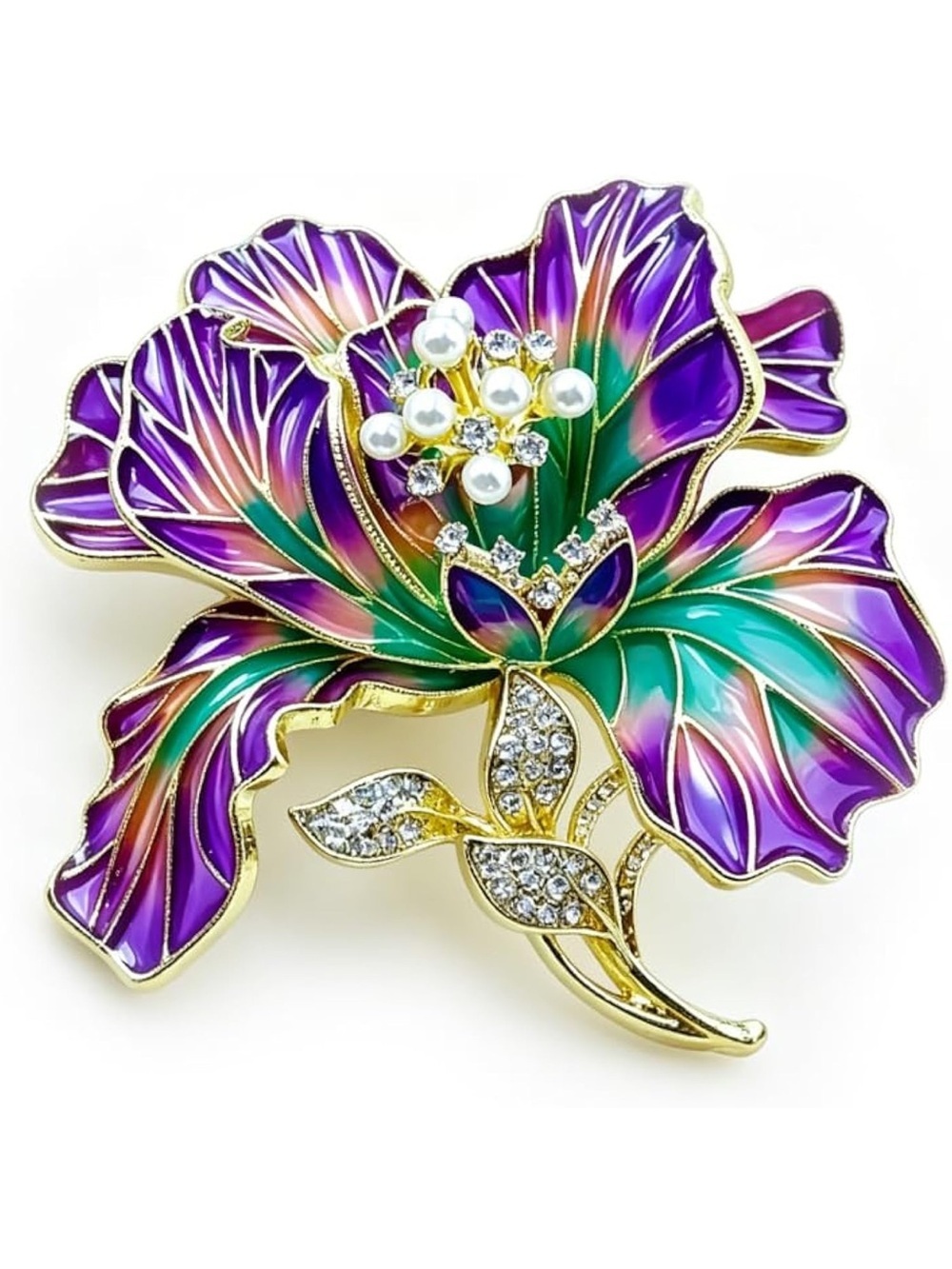Anthropologie Purple and Teal Floral Enamel Brooch with Pearls